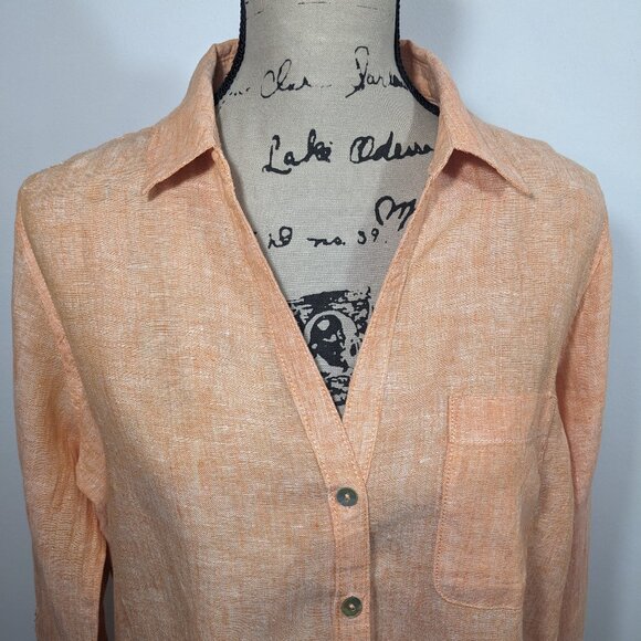 Sigrid Olsen Top M Orange Linen Roll Tab Tunic Beach Coastal Grandmother Shirt - Picture 2 of 9